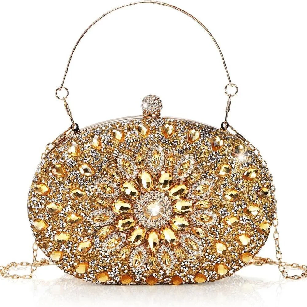 Rhinestone Evening Clutch Bag Gold Sparkling Glitter Wrist Prom Party